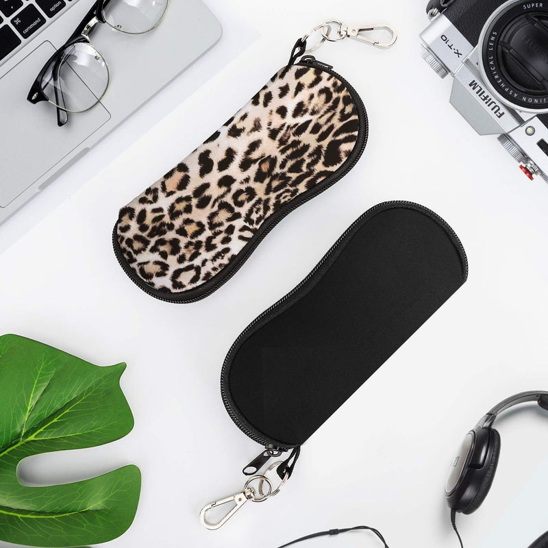 MoKo Eyeglasses Case, (2 Pack) Soft Zippered Neoprene Sunglasses Pouch Protective Eyewear Case Bag with Clip for Men and Women, Black and Leopard - Image 3